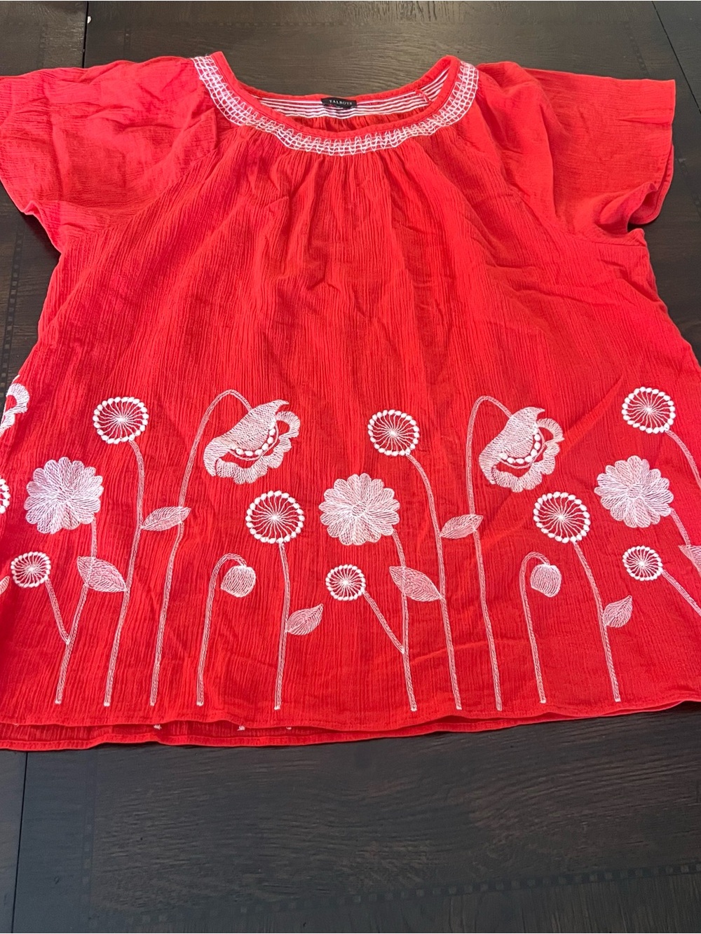 Talbots Boho Embroidered Floral Gauze Bright Orange/Red White Cottagecore Blouse